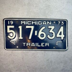 Vintage 1973 Michigan Trailer License Plate - Deep Navy & White